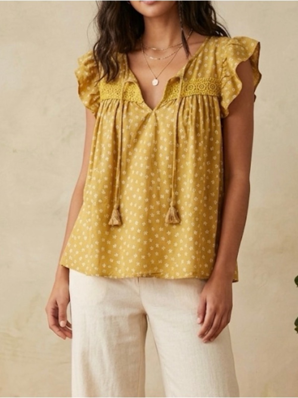 In Loom Mustard Floral Boho Blouse Ruffle Sleeve Cotton Top Small Boutique
